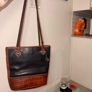 VINTAGE Brighton Black and Brown Leather Tote Bag with Heart Charms
